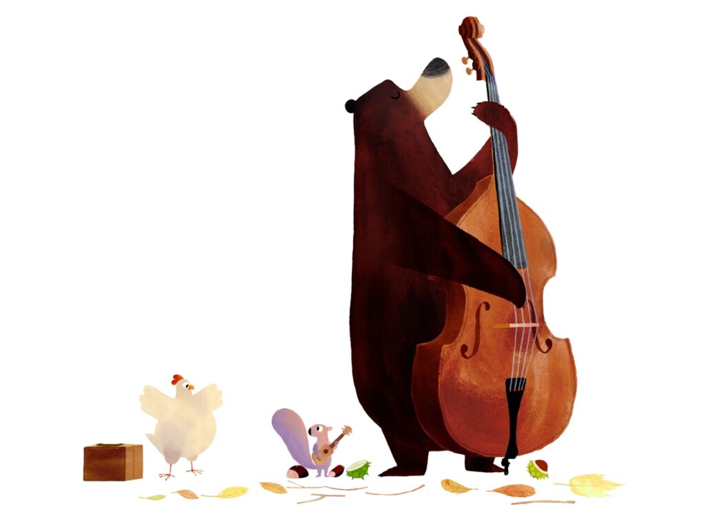 Ich und du und Huhn dazu: Bär und Hörnchen musizieren. Huhn guckt daneben traurig.