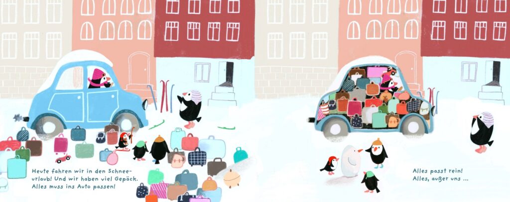 Pimbumum im Schnee: Pinguine beladen das Auto