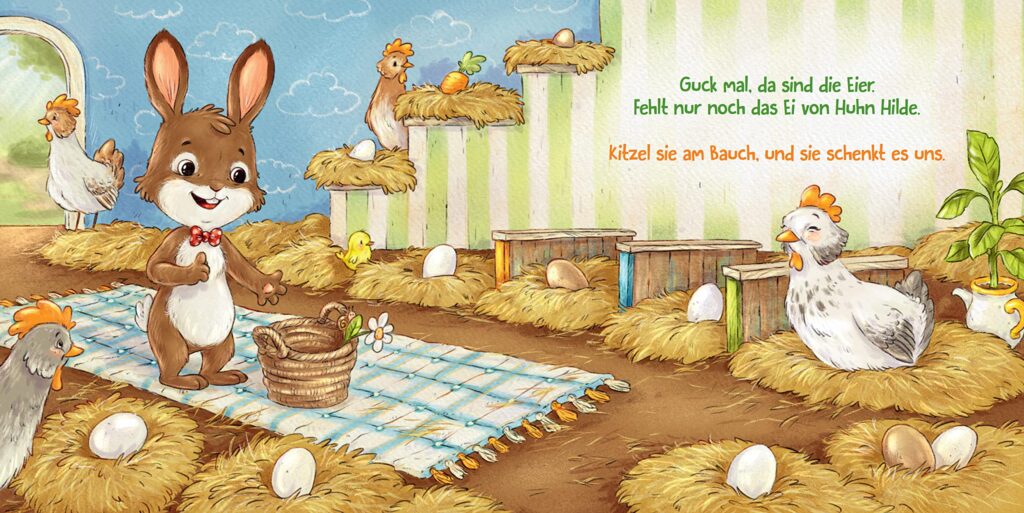 Die Osterhasenwerkstatt: Hase sammelt Eier im Stall ein
