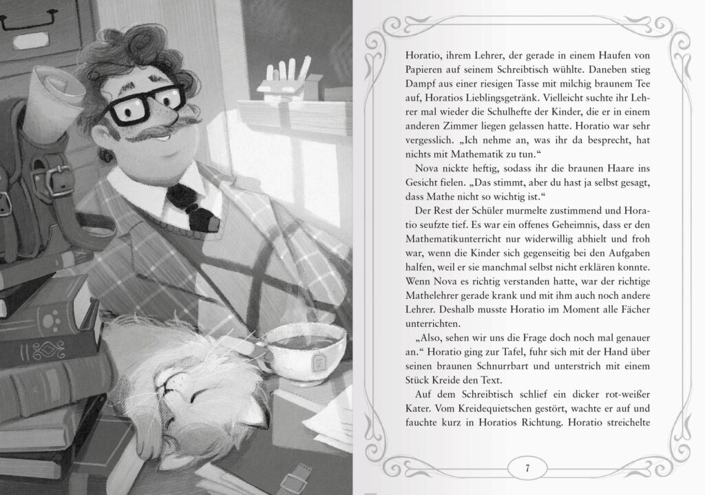 Mitternachtskatzen: Horatio und Hector am Schreibtisch neben Text