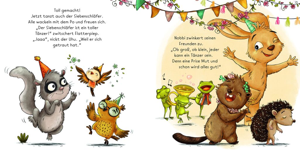 Nobbi, der Mutmachhase: Ausgelassen tanzende Waldtiere