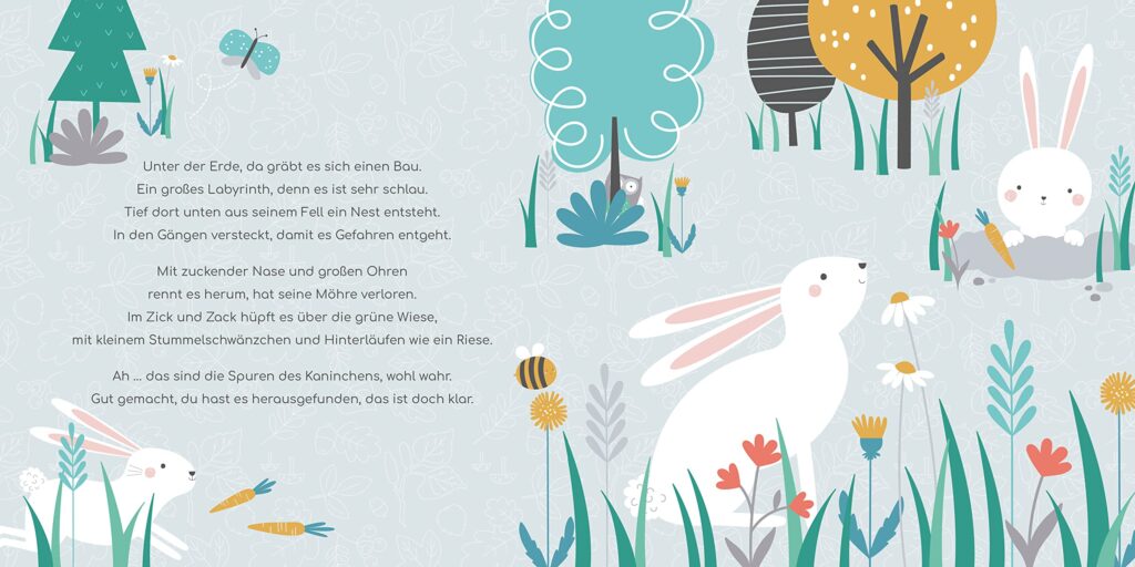 Wundersame Spuren im Wald - Kaninchen neben Text