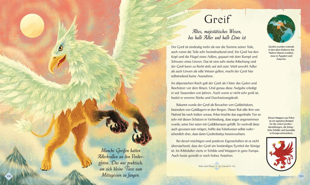 Magische Fabelwesen und mythische Kreaturen: Ein Greif, der halb Adler und halb Löwe ist, dargestellt und beschrieben