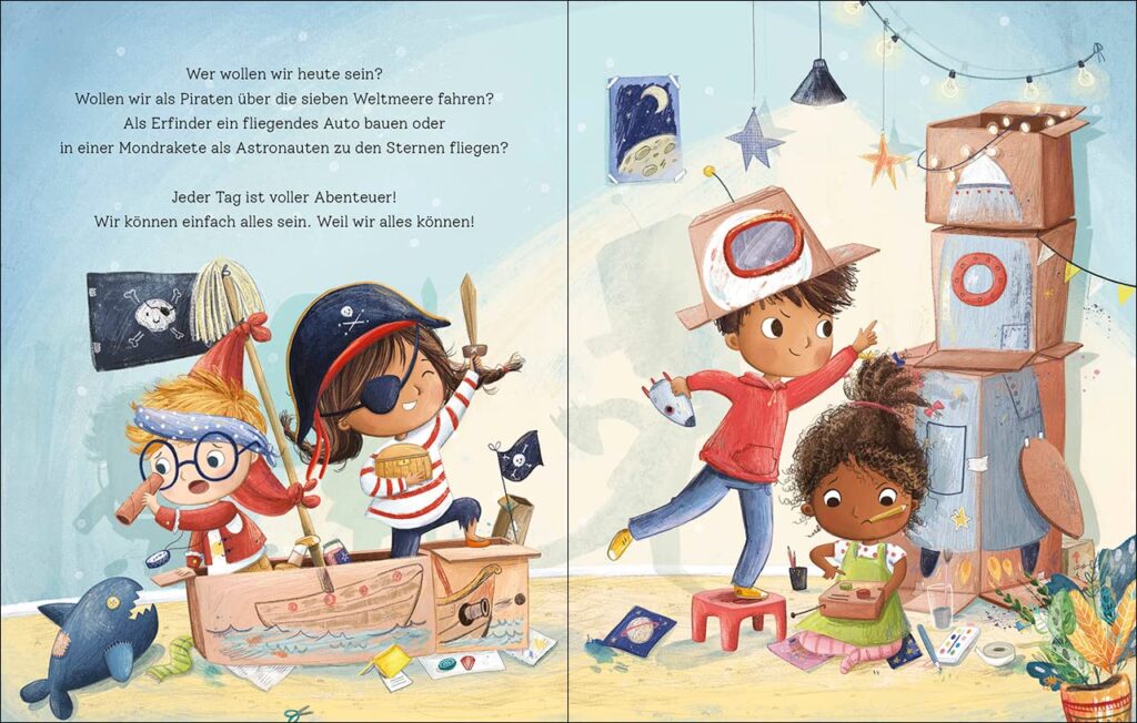 Ich kann einfach alles sein!: 2 Kinder spielen Piraten und zwei Kinder mit einer Rakete