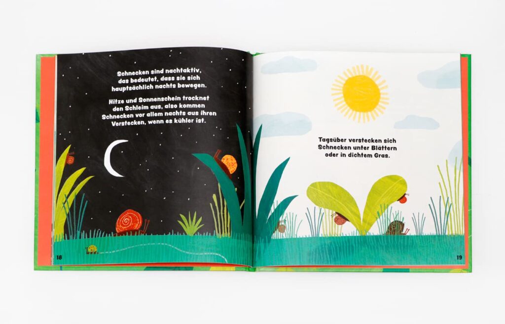 Schnecken: Blick ins Kinderbuch auf Schnecken bei Tag und Nacht