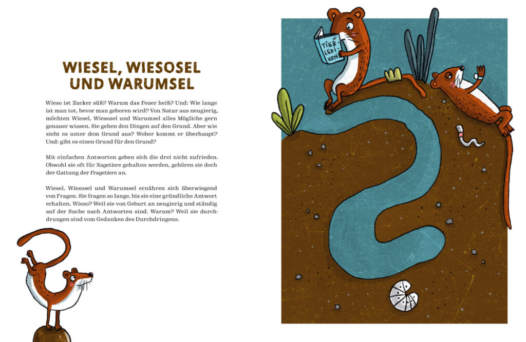 Von Schildflöten, Herdmännchen und Großmaulnashörnern: Wiesel neben Text