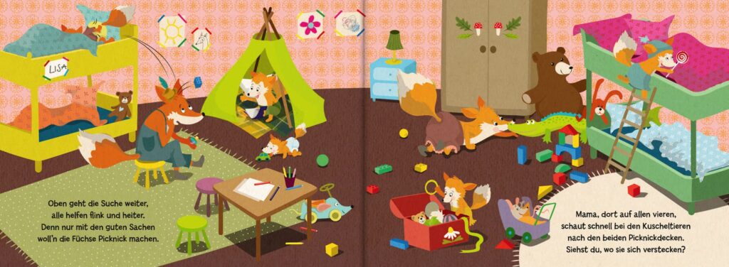 Familie Fuchs sucht ihre Sachen, denn sie will heute Picknick machen: Im Kinderzimmer wird gesucht