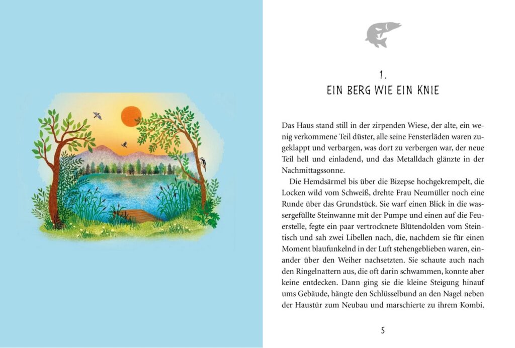 Unser Sommer am See: Blick auf einen See mit Steg und Kapitel 1 daneben