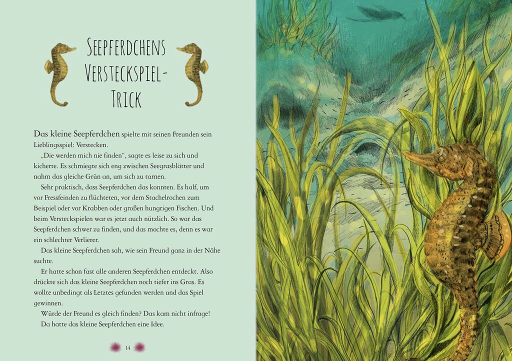 Wunderwelt der Tiere im Meer: Seepferdchen Geschichte mit gezeichneter un dgroßflächiger Illustration