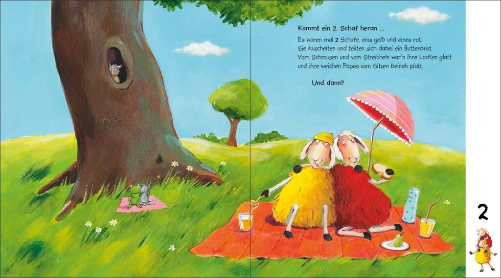 10 kleine Schafe - Von 1 bis 10 im Schlafumdreh´n: Ein gelbes und ein rotes Schaf picknicken neben einem Baum