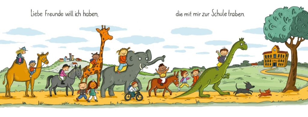 Wir sind erste Klasse!: Diverse Kinder zu Fuß, zu Pferde, auf einem Dino oder Elefant auf dem Weg zur Schule