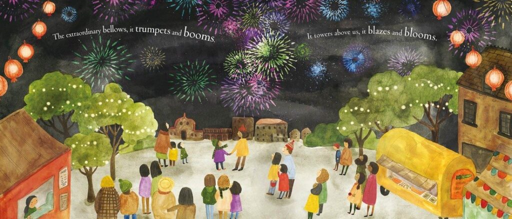 Alles ist außergewöhnlich: Feuerwerk über der Stadt und die Menschen schauen hoch