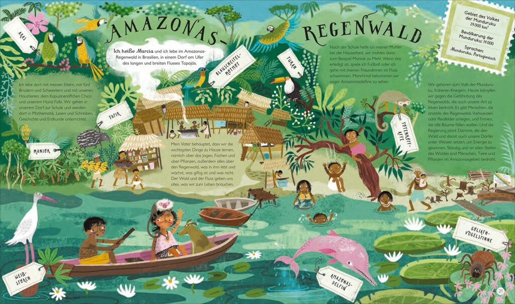Das ist unsere Welt: Amazonas-Regenwald dargestellt mit Tieren, Menschen und Fakten