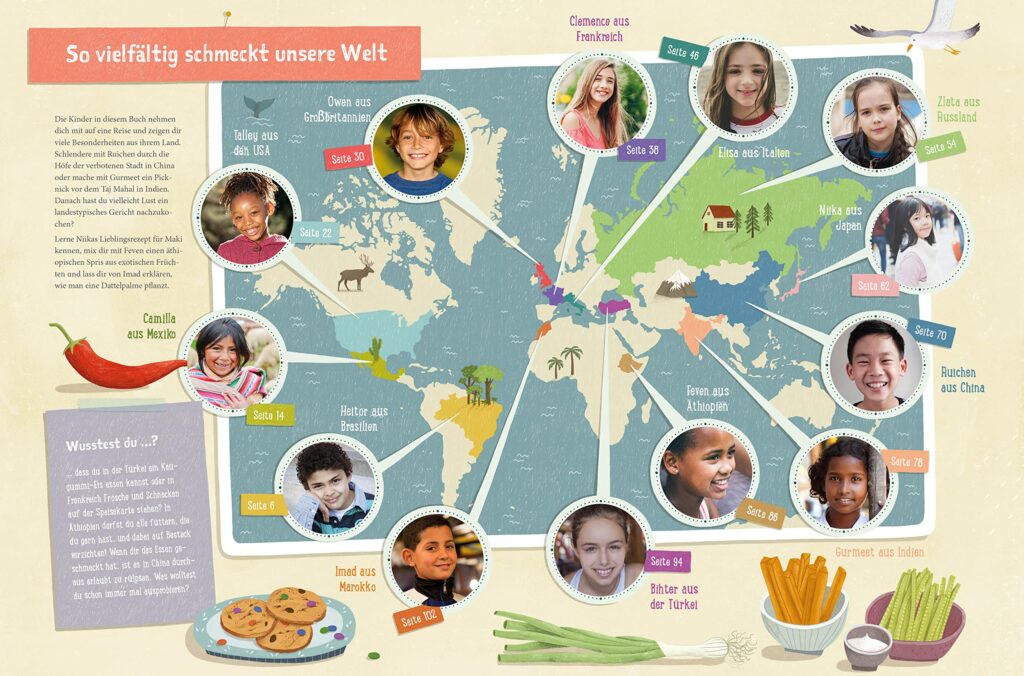 Die Welt schmecken und entdecken: Kinderübersicht in einer Weltkarte markiert