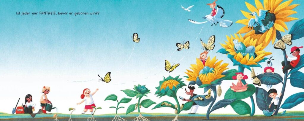 Fantasie lässt dich fliegen: Wachsende Sonnenblume mit Kindern und Insekten