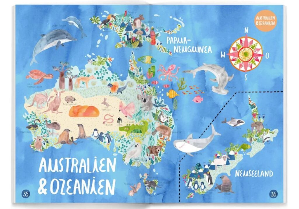Mein großer bunter Tieratlas: Australien und Ozeanien gemalt mit entsprechenden Tieren