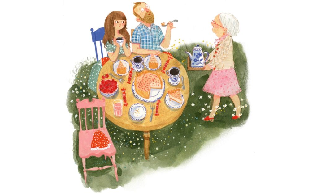 Anna mag Oma und Oma mag Äpfel: Kaffeetisch mit Kuchen, an dem die Eltern sitzen und Oma bringt eine Kanne