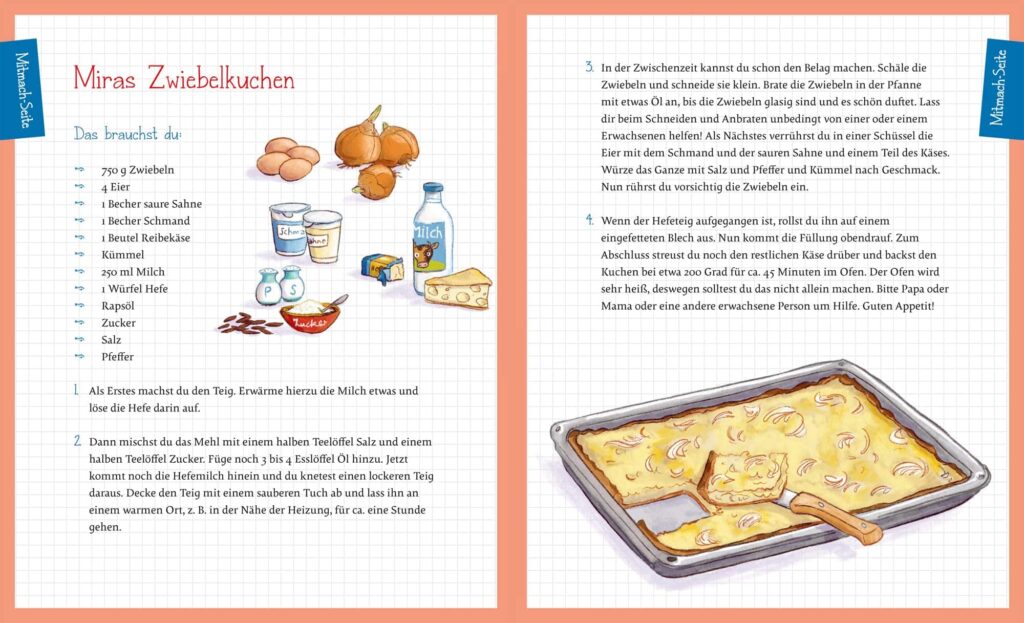 Die schönsten Geschichten für Kuscheltage: Rezept für Miras Zwiebelkuchen mit passender Illustration