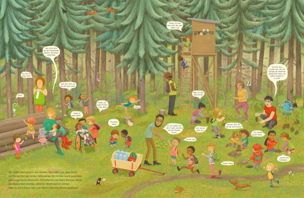Komm, wir zeigen dir unseren Wald: Neu Bäume pflanzen in Wimmelwaldszene mit diversen Menschen