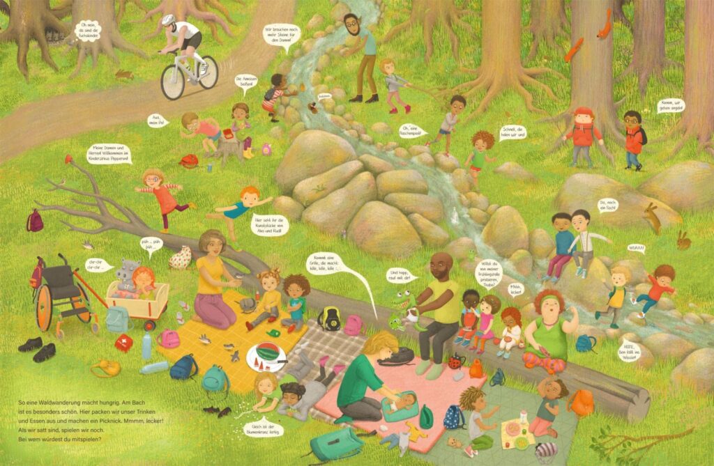 Komm, wir zeigen dir unseren Wald: Picknick am Bach in Wimmelwaldszene mit diversen Menschen
