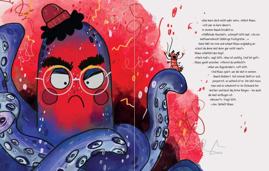 Lass es raus, Knotenklaus: Garnele Gitti und wütend roter Oktopus Klaus im Streit