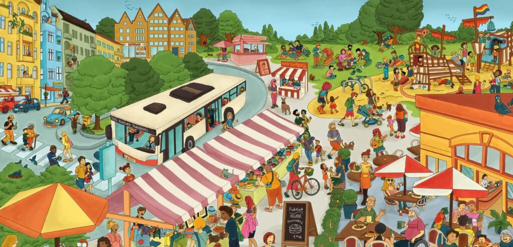 Mimis kunterbunte Welt: Wimmelbildszene mit diversen Menschen beim Wochenmarkt und dem Spielplatz