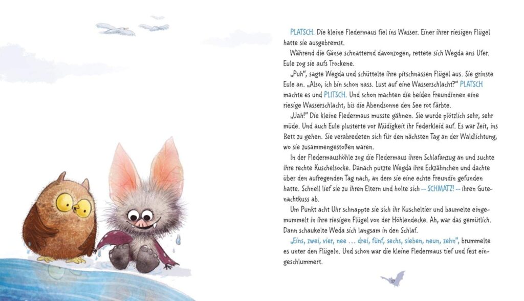 Die kleine Fledermaus Wegda: Eule und Wegda am Ufer neben Text
