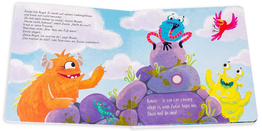 Grummeln, weinen, lachen – was kleine Monster so machen: Blick ins Buch auf Zwicki auf einem Felsen und Monster