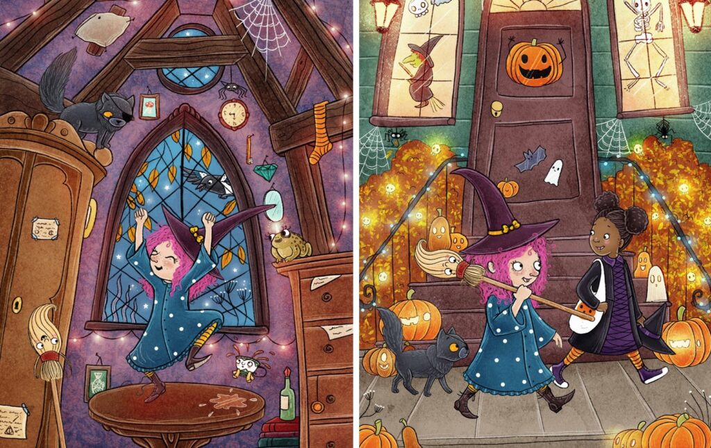 Hella Pfefferkessel: Die junge Hexe tanzt und geht an Halloween an einem Haus vorbei