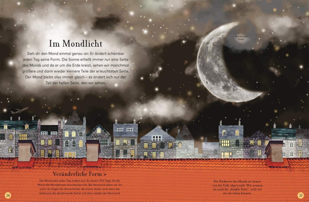 Wundervolle Reise durch die Nacht: Mondlicht beschrieben und über einer Stadt abgebildet
