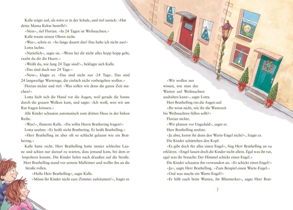 24 Engel für die Weihnachtszeit: Kalle, Lotta und Florian winken sich von Haus zu Haus zu mit Text