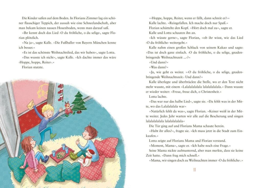 24 Engel für die Weihnachtszeit: 3 Kinder sitzen auf einem Teppich und essen Kekse neben Text