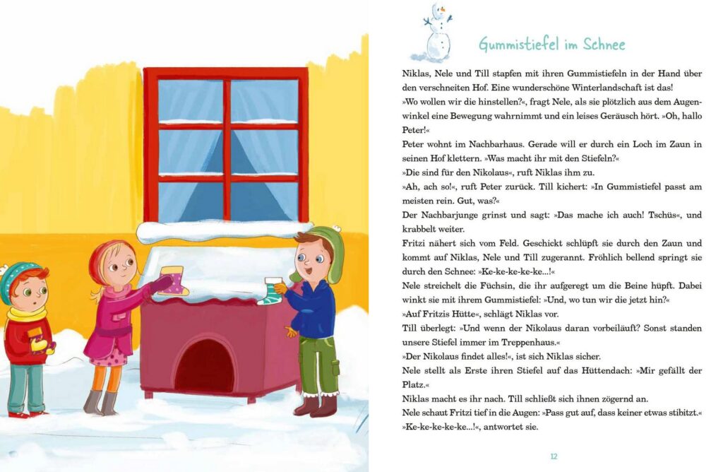 Die Fuchsbande - Spürnasen im Schnee: Neben Text stehen drei Kinder mit Gummistiefeln vor der schneebedeckten Fuchshütte