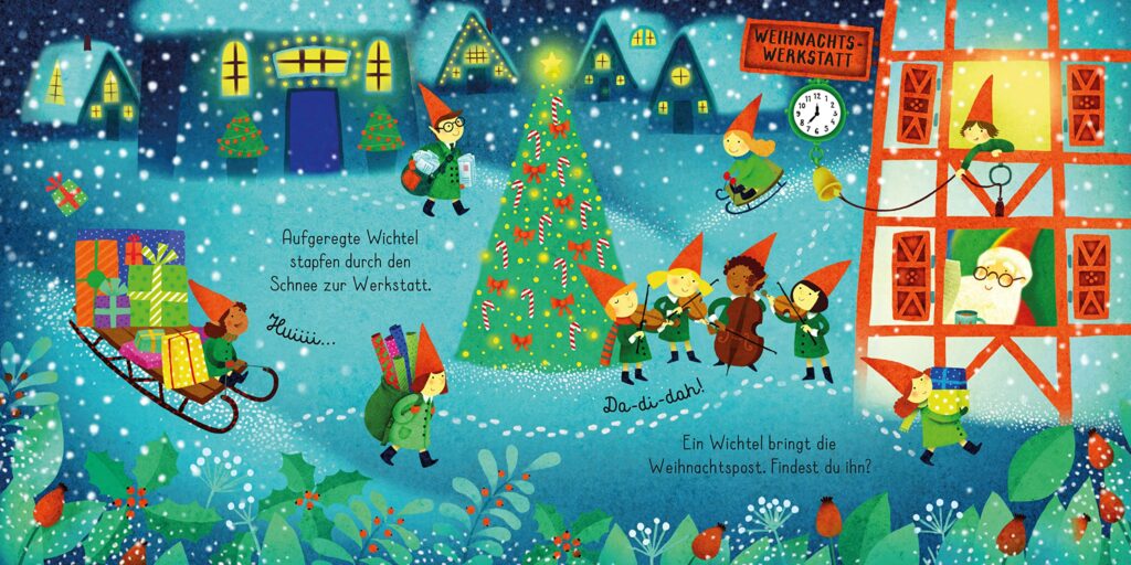Erstes Puzzle und Buch - Der Weihnachtsmann: Reges Treiben bei Schnee in der Wichtelwelt