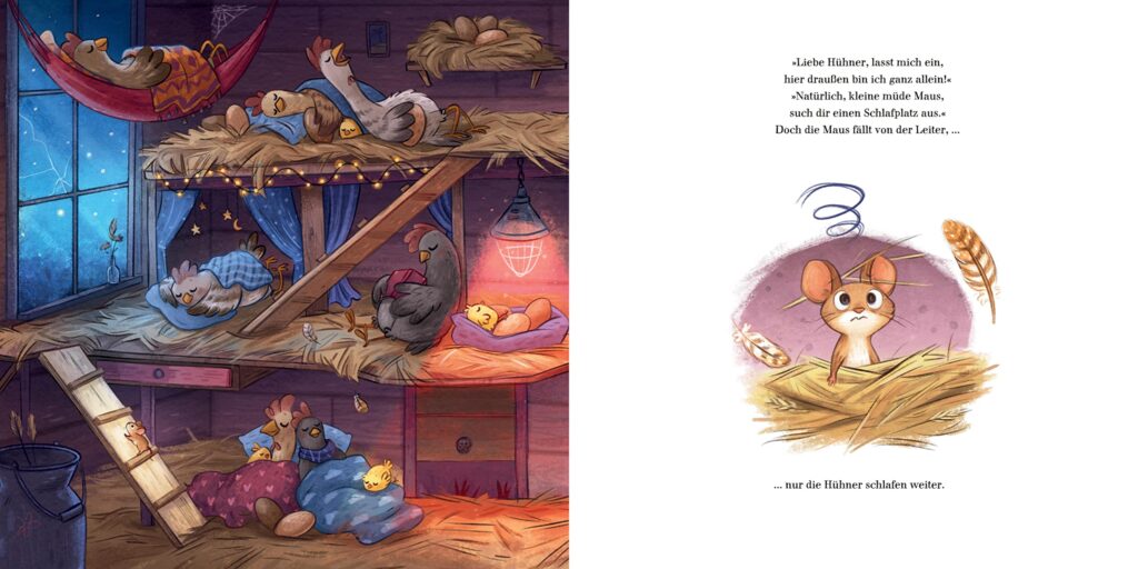 Mäusekind, es ist so weit, bald beginnt die Schlafenszeit: Schlafende Hühner und eine wache Maus