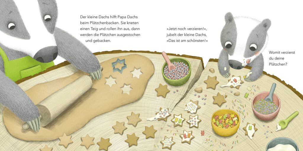 Wann ist endlich Weihnachten?, fragt der kleine Dachs: Junger Dachs und Mama backen Plätzchen