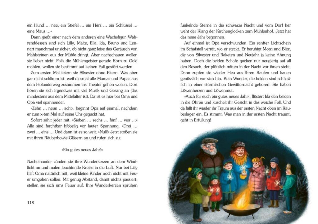 Winter im Holunderweg: Oma und Opa mit den Kindern an einer Feuerschale neben Text