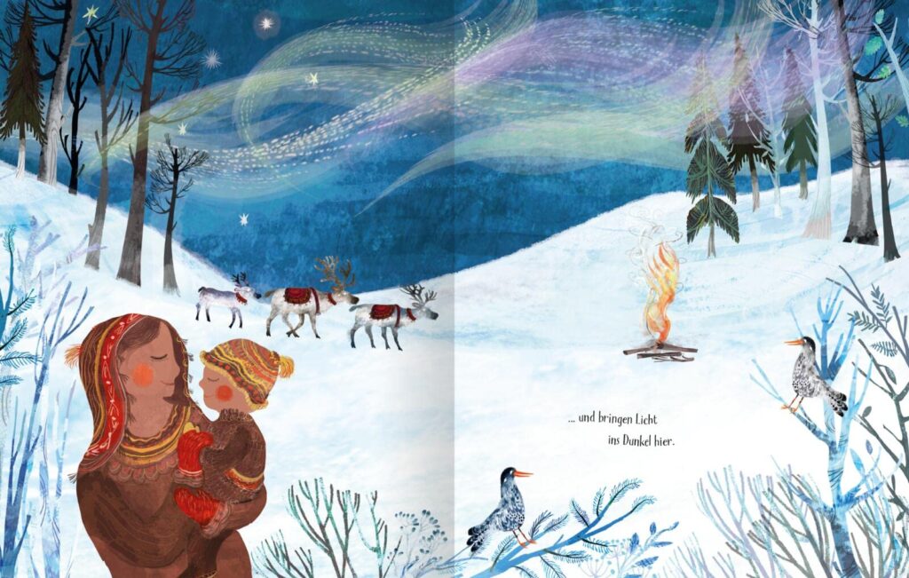 Das Nordlichtwunder: Nordlichter funkeln über Mutter und Kind, Rentieren und der schneebedeckten Landschaft