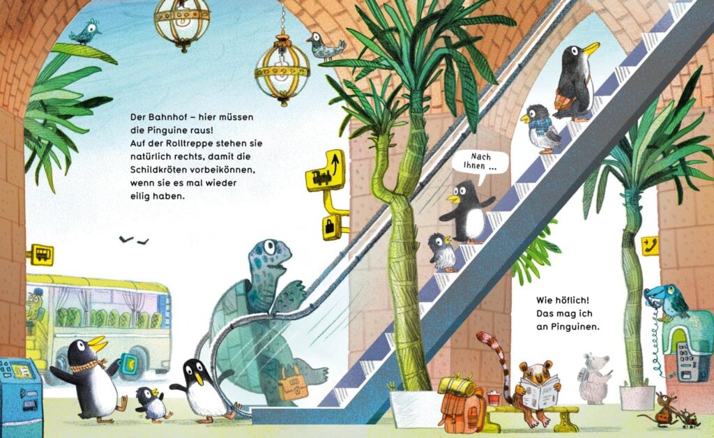 Die Super Duper Pinguin Rutsche: Pinguine auf der Rolltreppe am Bahnhof