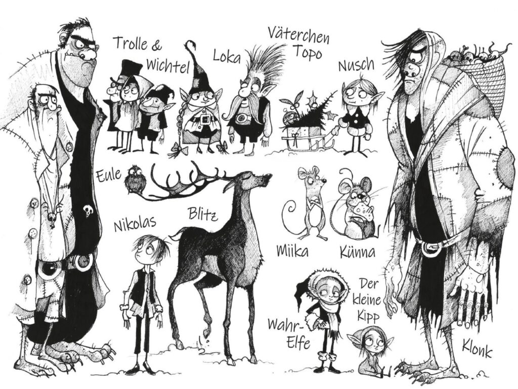 Eine Weihnachtsmaus namens Miika: Abbildung von Miika, Künna, Blitz, Eule, Wichteln, Elfen und Trollen