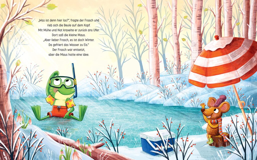 Der kleine Frosch will schwimmen gehen!: Frosch mit Schwimmsachen sitzt auf zugefrorenem See