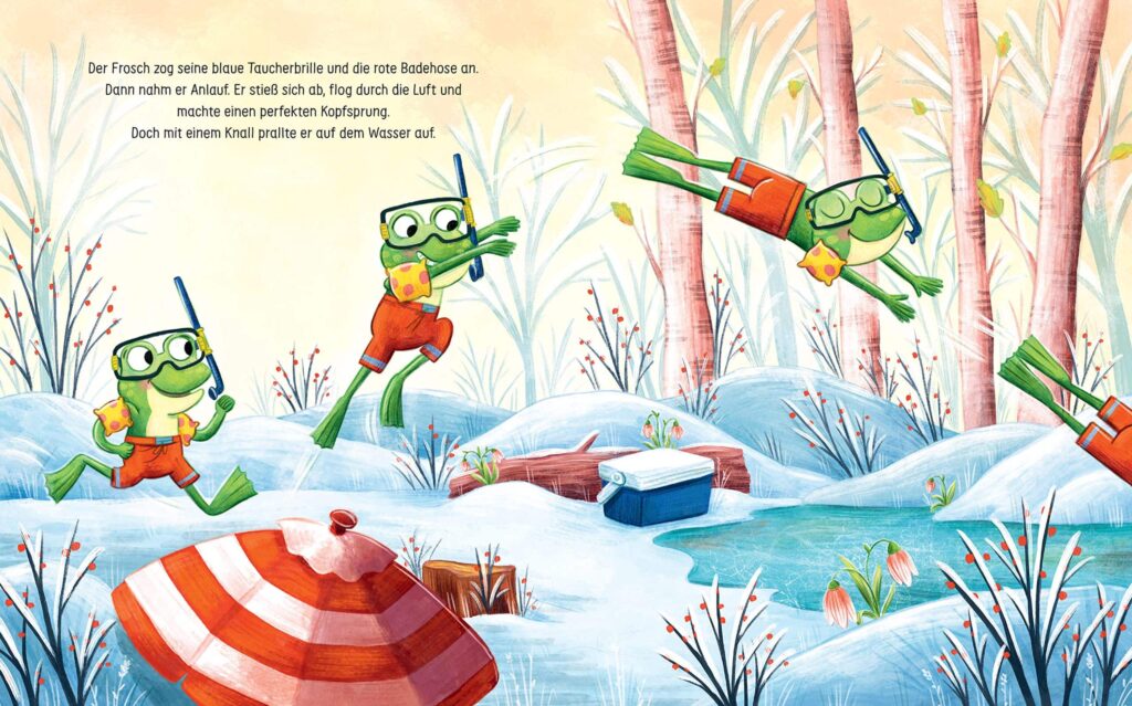Der kleine Frosch will schwimmen gehen!: Frosch mit Taucherbrille und Schwimmflügeln springt durch die Luft auf den zugefrorenen See zu