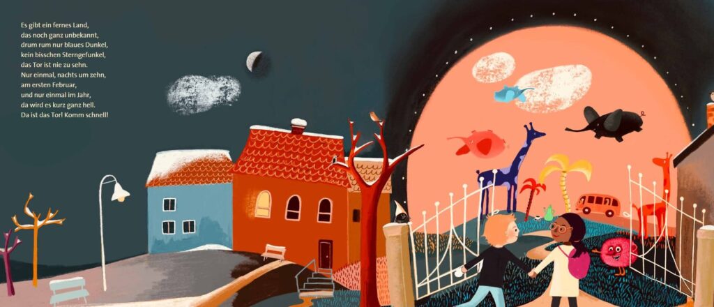 In einem fernen Land, das noch ganz unbekannt: Zwei diverse Kinder vor dem offenen Tor zum Fantasieland