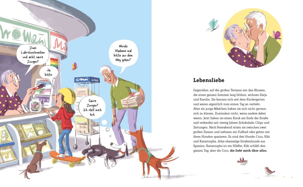 L wie Liebe: Kind am Kiosk und küssende ältere Frauen neben Text zur Lebensliebe