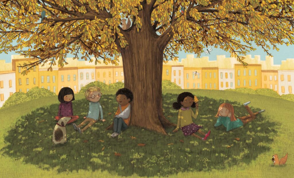Peace is an Offering: 5 diverse Kinder sitzen unter einem Herbstbaum