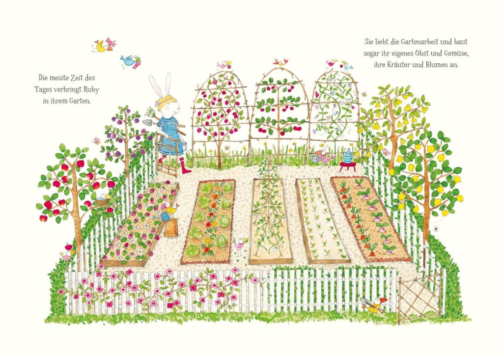 Ruby mit den roten Schuhen: Häsin Ruby im angelegten Garten mit Werkzeug für die Gartenarbeit