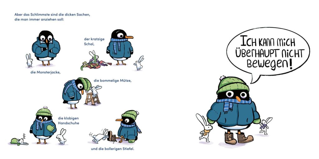 Winter nervt!: Hase hilft Pinguin beim Anziehen der Wintersachen