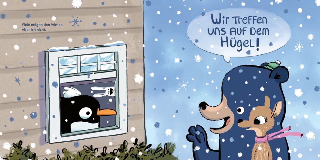 Winter nervt!: Bär und Reh stehen vor Pinguins Haus