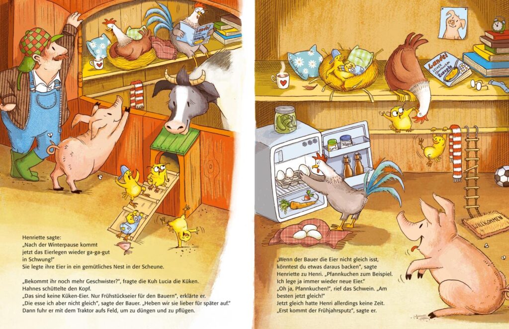 Henri und Henriette - Die Eier sind weg: Hahn Henri und Henne Henriette mit ihren vier Küken in der Scheune