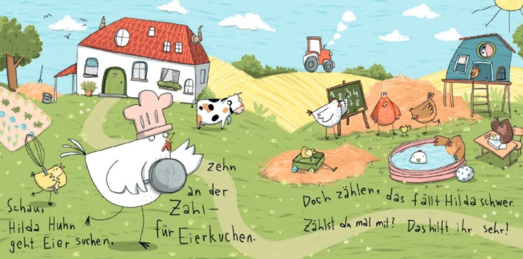 Hilda Huhn geht Eier suchen: Das Huhn mit einer Pfanne läuft auf dem Bauernhof